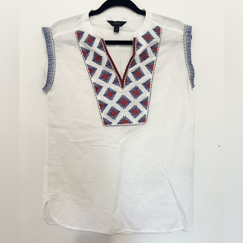 J CREW Embroidered Sunburst White Linen Cotton Boxy Tank size 0
